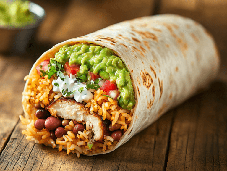 A close-up of a burrito filled with colorful ingredients.