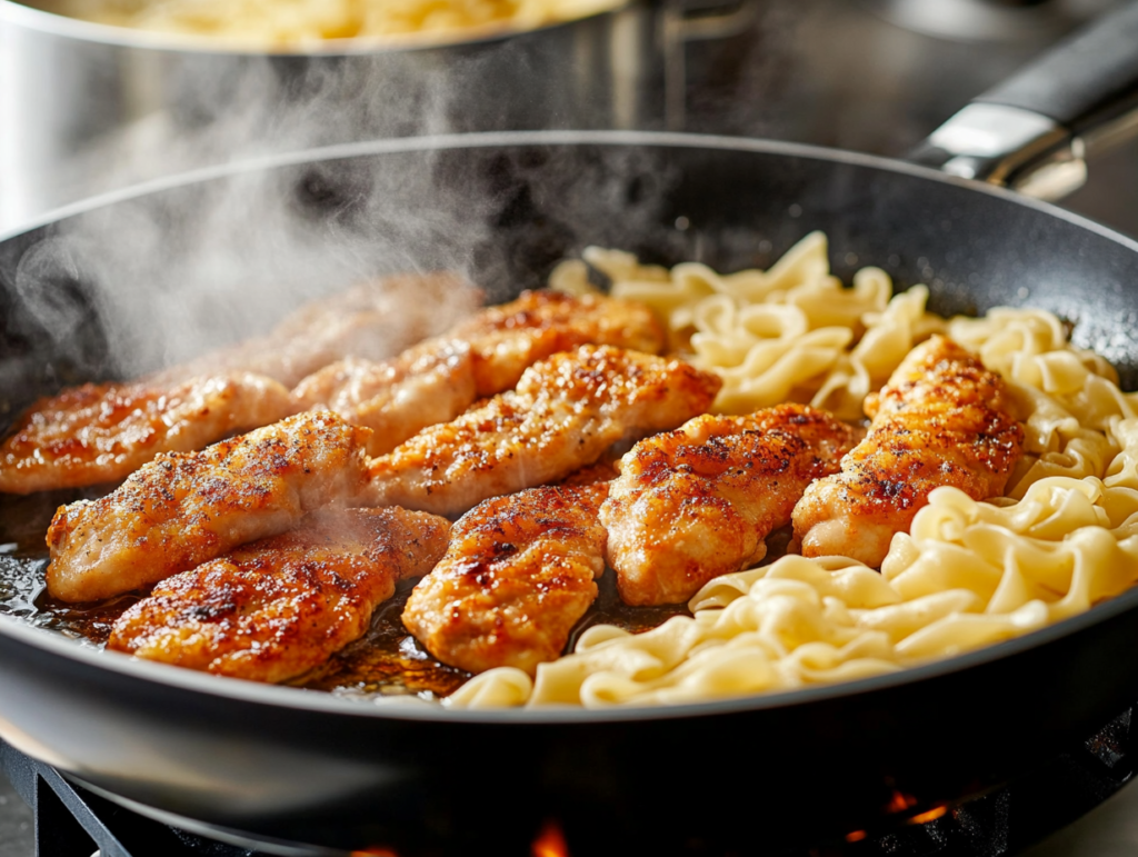 A skillet showing the chicken strips and boiling pasta