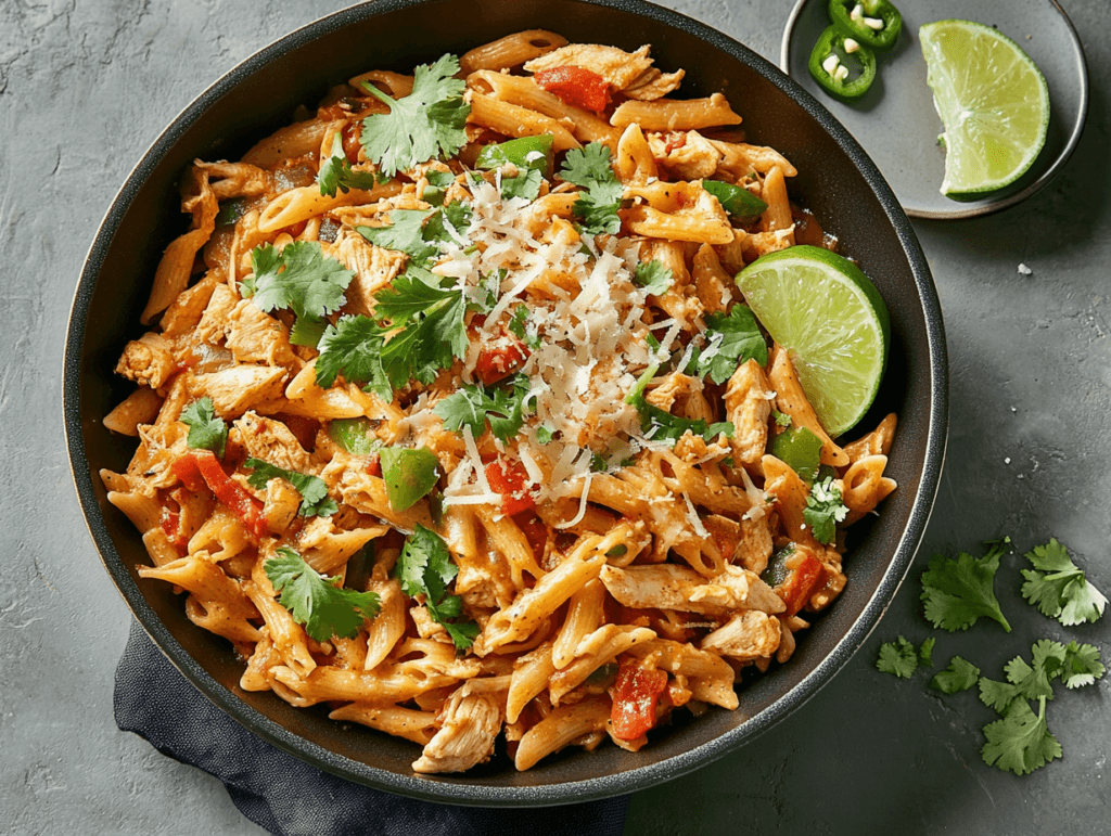 A large skillet of chicken fajita pasta and lime slices