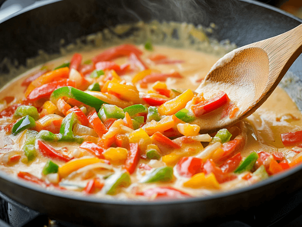 A skillet showing the creamy sauce with sautéed bell peppers and onions
