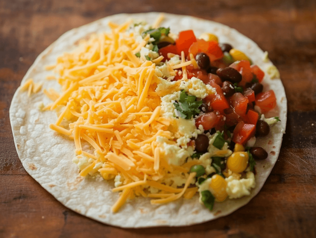 A breakfast burrito being assembled with eggs, beans, veggies, and cheese on a whole-grain tortilla.