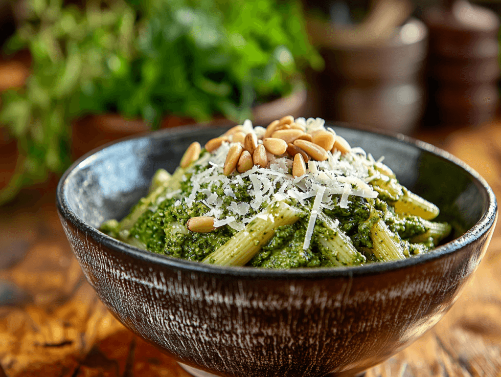 Penne pasta tossed in bright green basil pesto with toasted pine nuts.