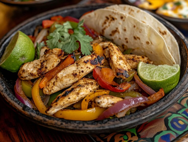 Vibrant plate of chicken fajitas with peppers and onions.