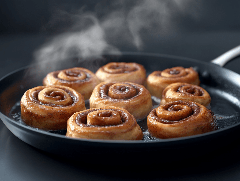 Cinnamon rolls being cooked on a skillet.