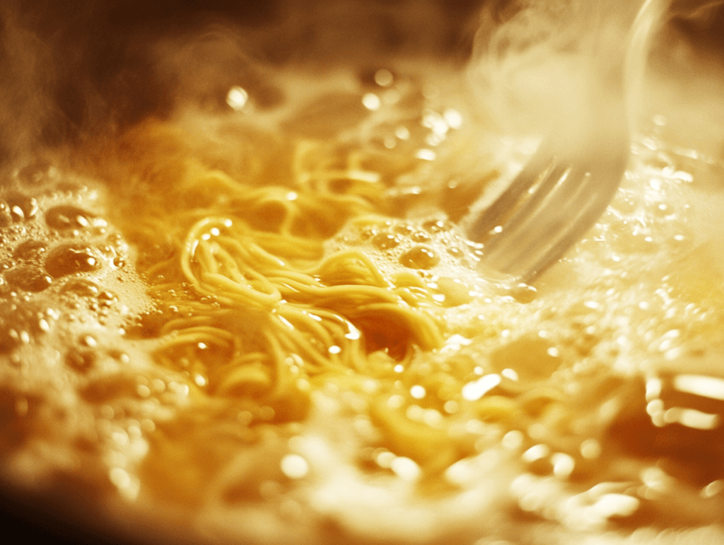 Ramen noodles cooking in boiling water.