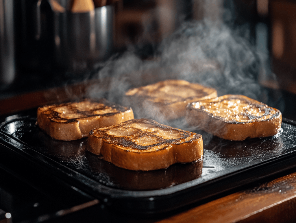 Sourdough bread slices cooking on a griddle with golden edges.