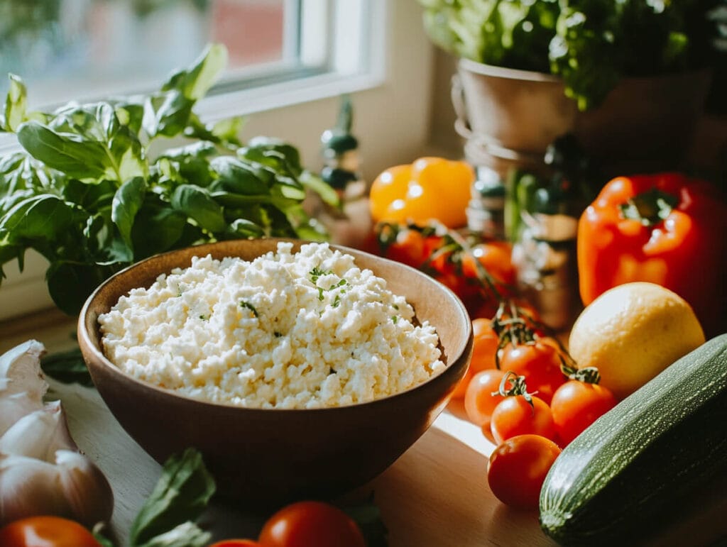 Grainy cottage cheese in a bowl with a mint sprig.