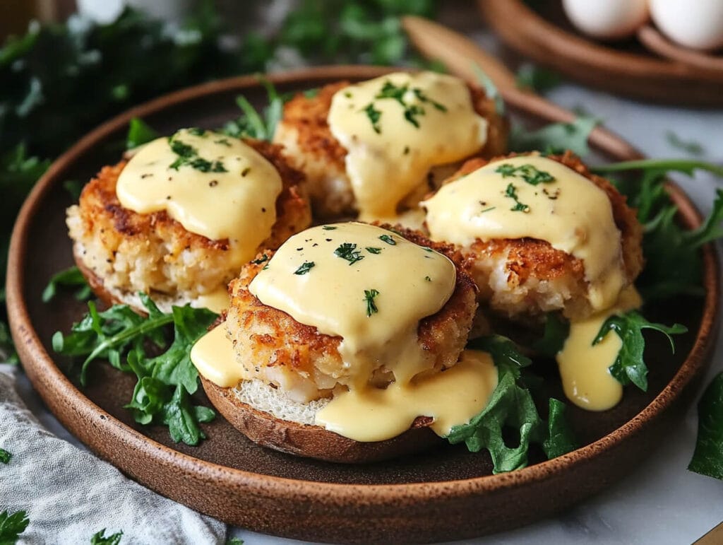 Crab Cake Benedict with poached eggs and greens