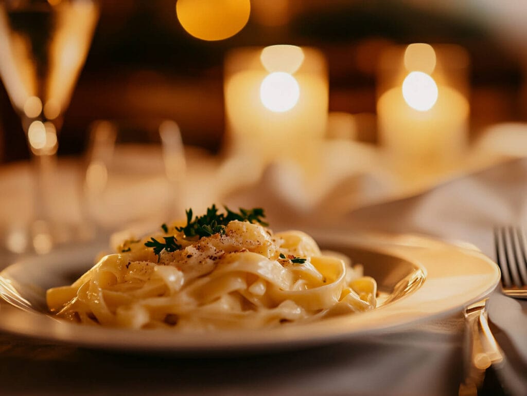 Plate of fettuccine Alfredo garnished with parsley.