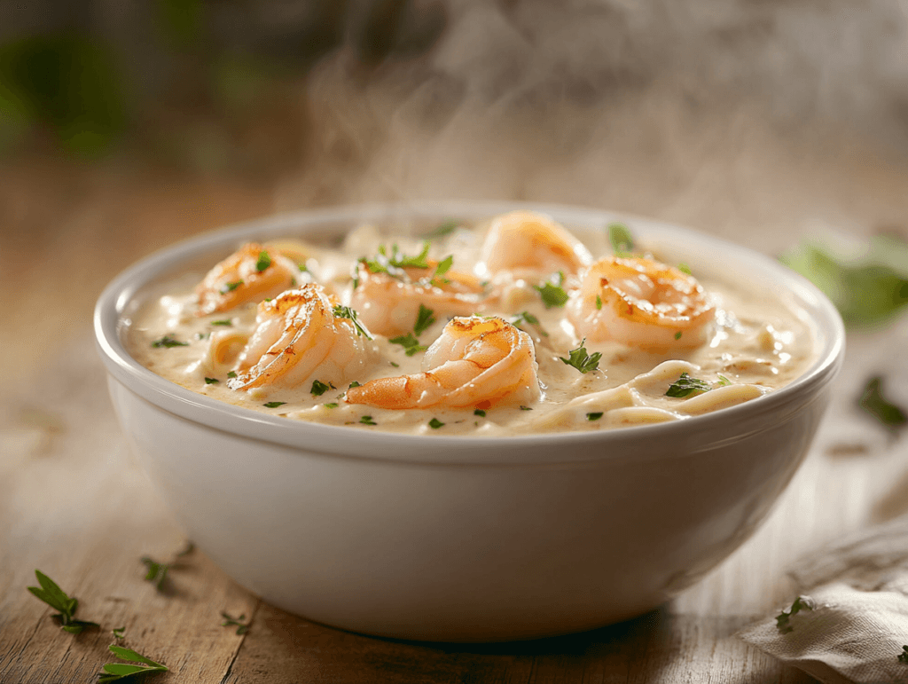 A bowl of creamy shrimp Alfredo pasta garnished with parsley and Parmesan cheese.
