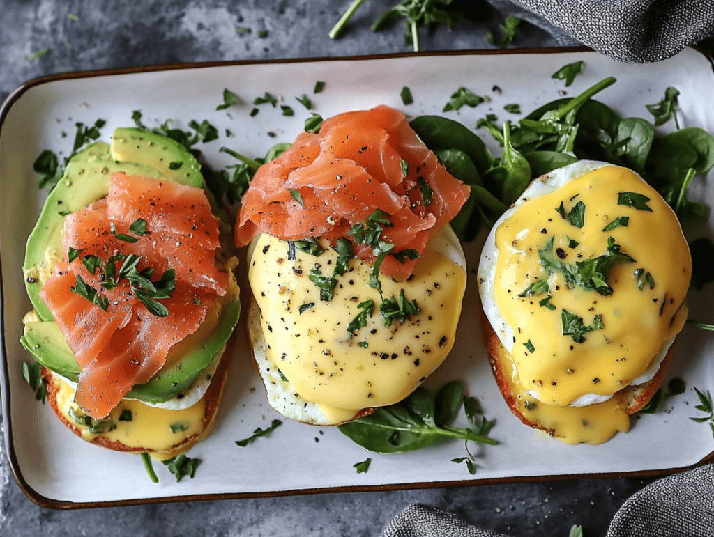 Different variations of Eggs Benedict Florentine.