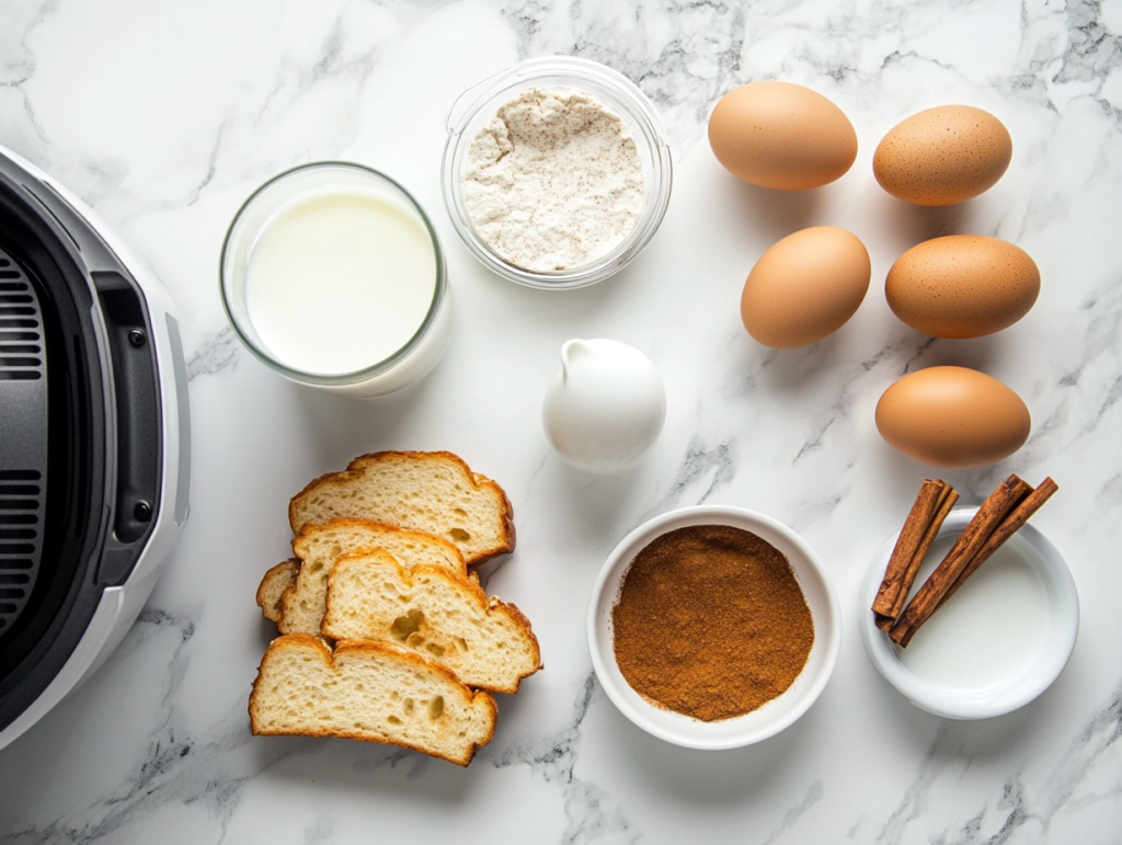 Ingredients for French toast on a kitchen counter with an air fryer