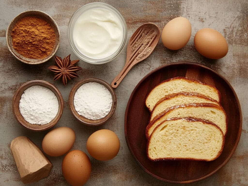 Ingredients for French toast including eggs, cream, spices, and brioche.