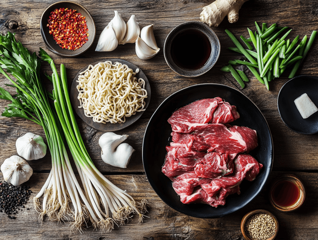 Fresh ingredients for spicy beef ramen, including beef, ramen noodles, vegetables, and spices.