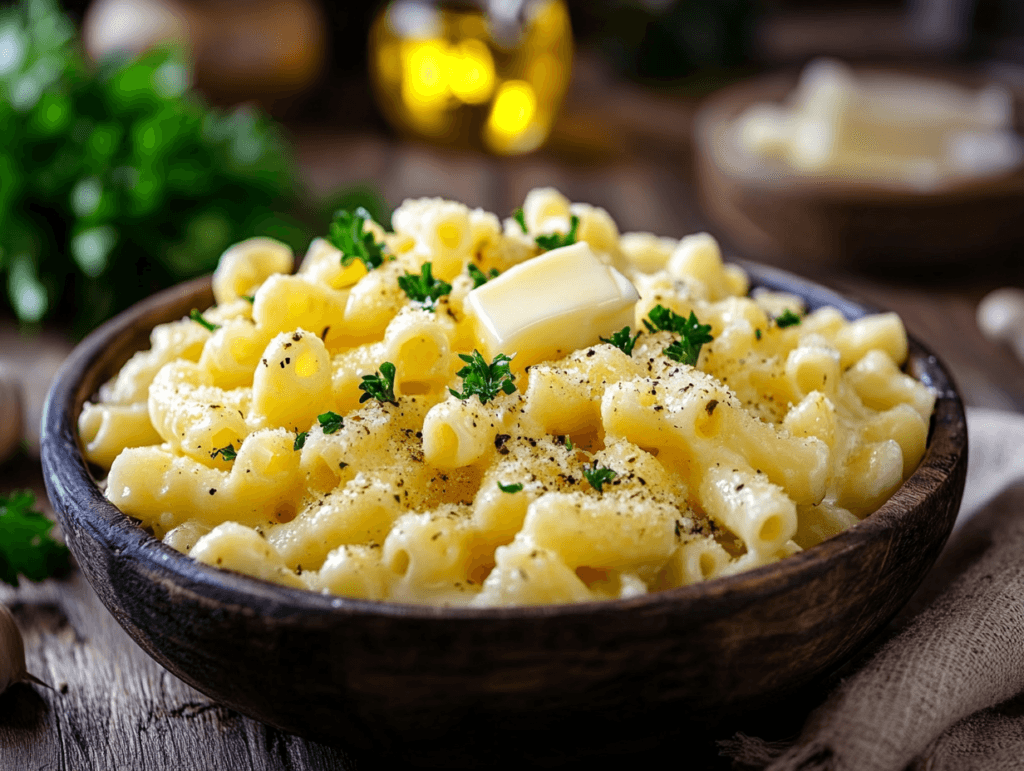 A bowl of golden garlic butter pasta garnished with fresh parsley.