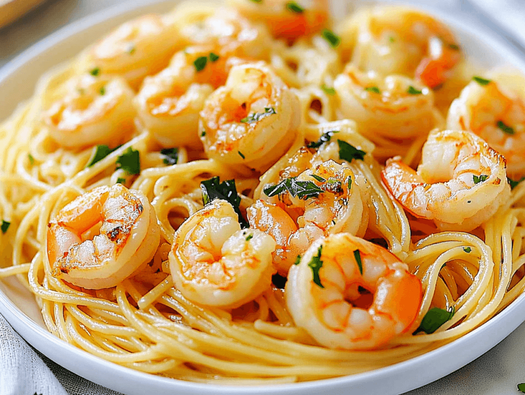 Spaghetti tossed in garlic butter sauce with shrimp and a sprinkle of parsley.