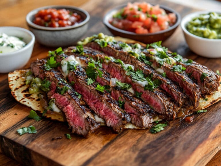 Perfectly grilled steak quesadilla with garnishes and dips