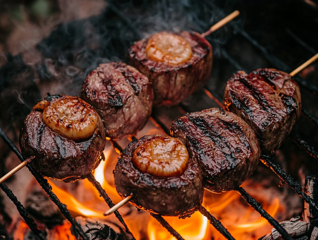 Picanha skewered and grilling over an open flame.