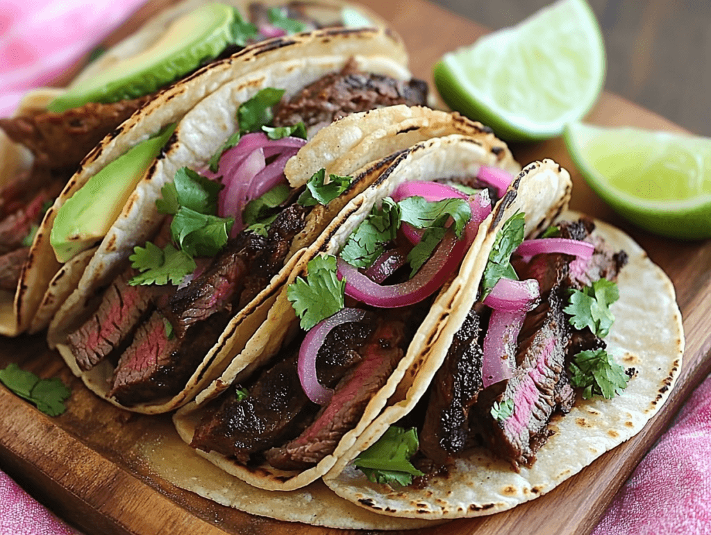 Hanger steak tacos with toppings on a wooden tray.