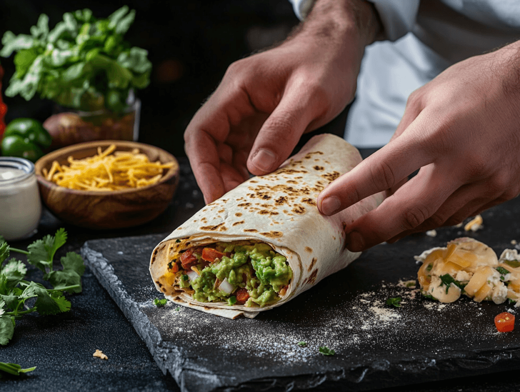 A burrito being wrapped with cheese and guacamole spilling out.