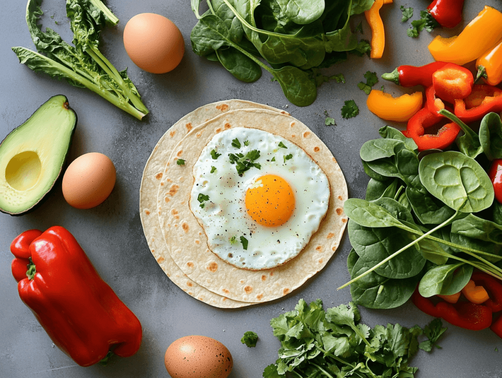Whole-grain tortillas, eggs, vegetables, and avocado on a kitchen counter, ready for making a healthy breakfast burrito.