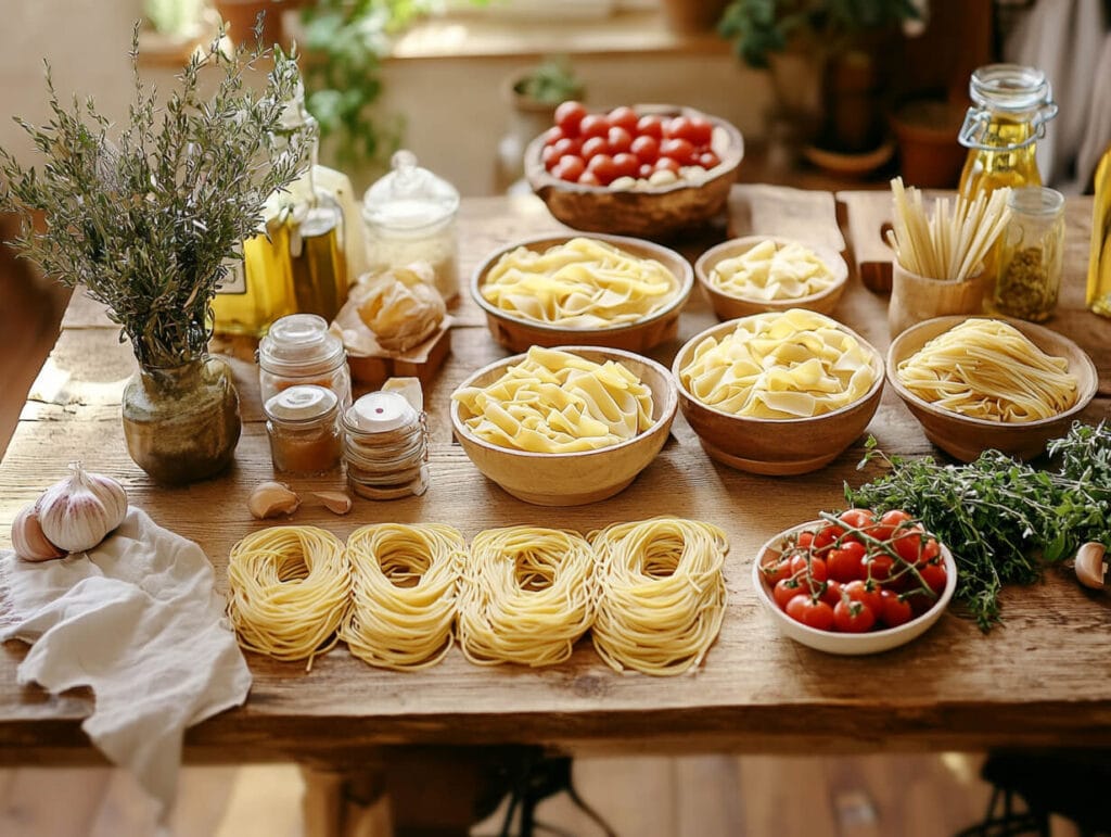 Fresh pasta and Italian cooking ingredients on a wooden countertop.