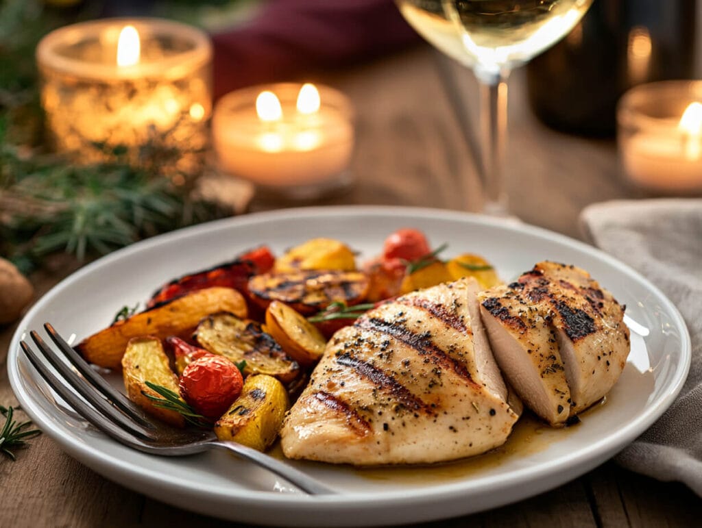 What do Italians eat alongside pasta? Grilled chicken and roasted vegetables on a plate.