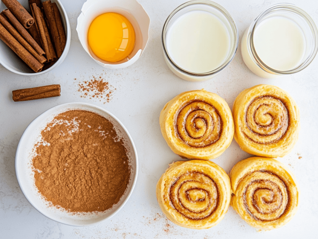 Ingredients for cinnamon roll French toast laid out on a kitchen counter.