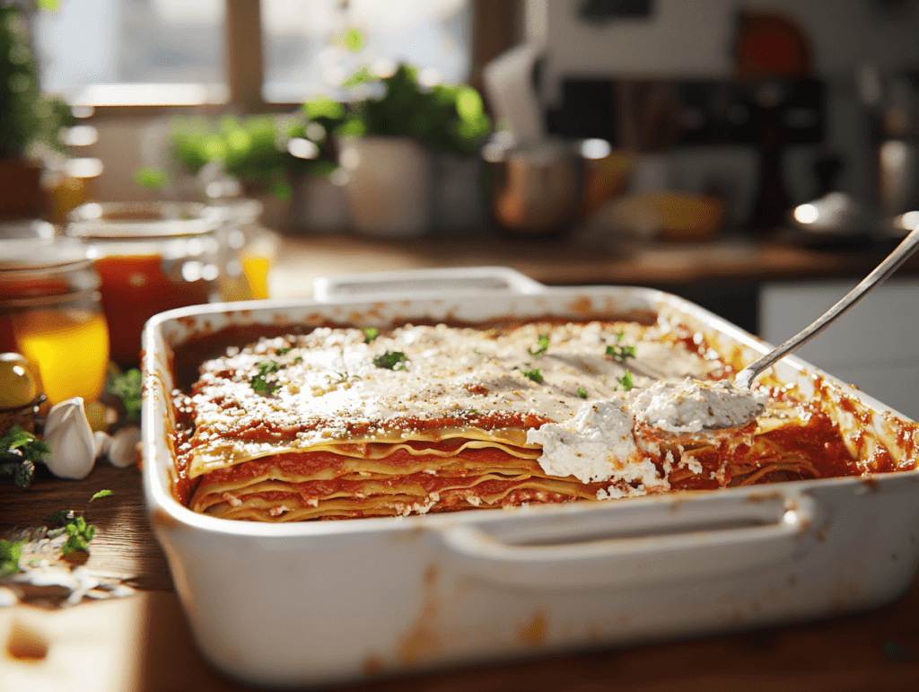 Step-by-step layering of Barilla lasagna with sauce, pasta, and cheese.