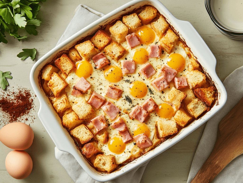 Assembling Eggs Benedict Bake layers