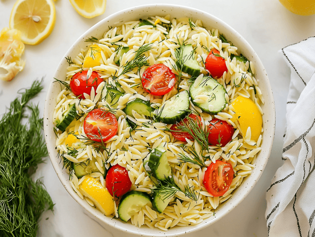 A refreshing lemon herb orzo salad with cherry tomatoes, cucumbers, and dill.
