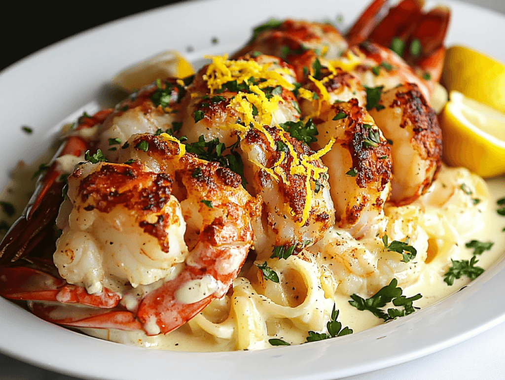 Lobster and shrimp pasta in a creamy sauce with lemon zest and parsley.