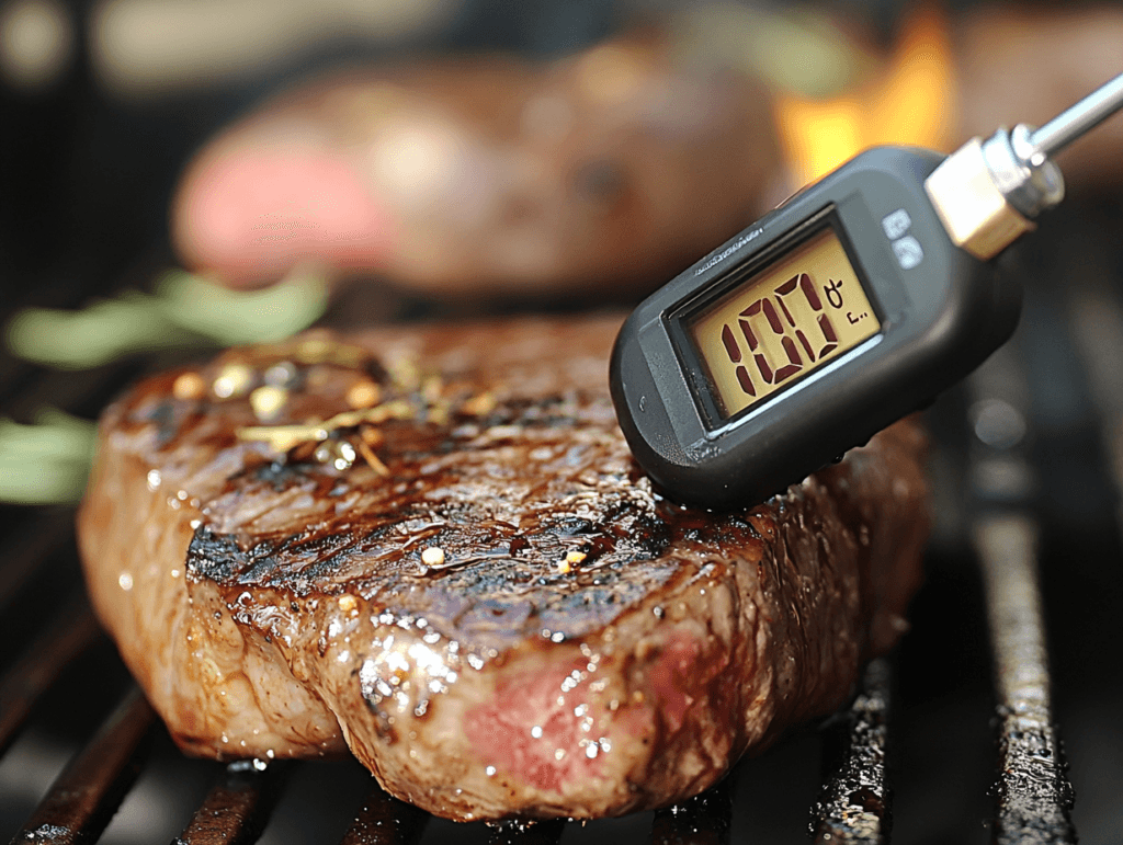 A meat thermometer showing the internal temperature of a steak.