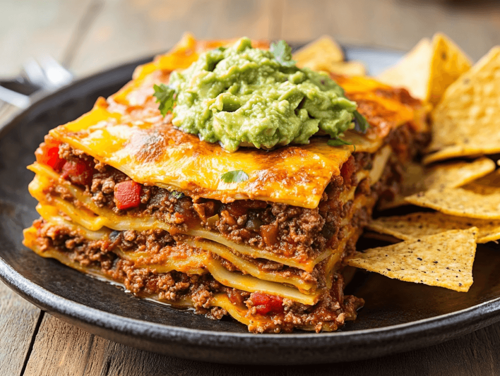 Mexican Lasagna served with a side of guacamole and salsa.