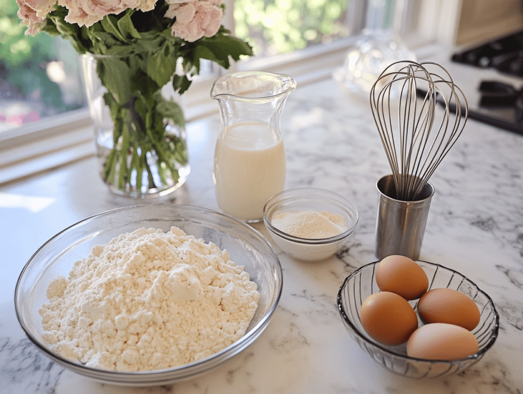 Ingredients for pancakes displayed on a kitchen counter