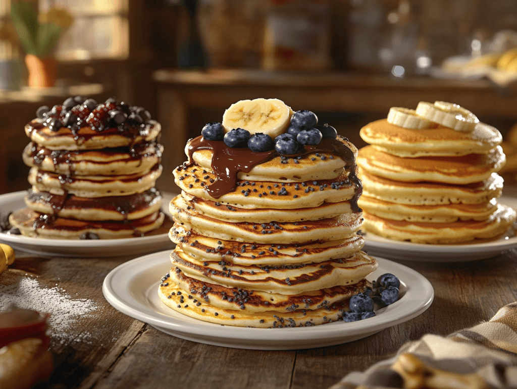 Pancakes with different toppings like fruits and chocolate chips