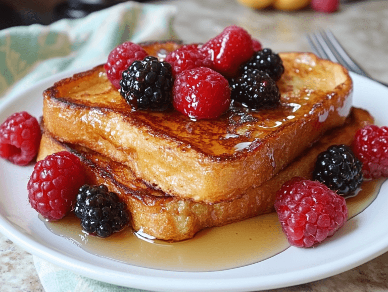 Air fryer French toast on a plate with syrup and fresh berries