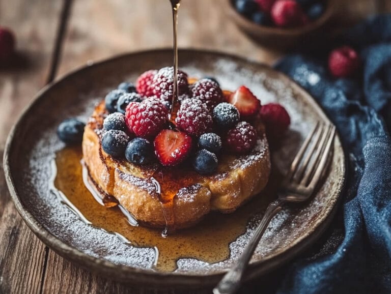 Sourdough French toast with berries and syrup on a rustic table.