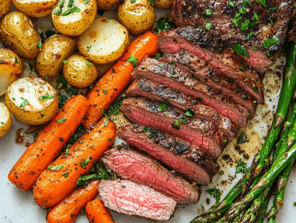 Sliced hanger steak served with roasted vegetables.