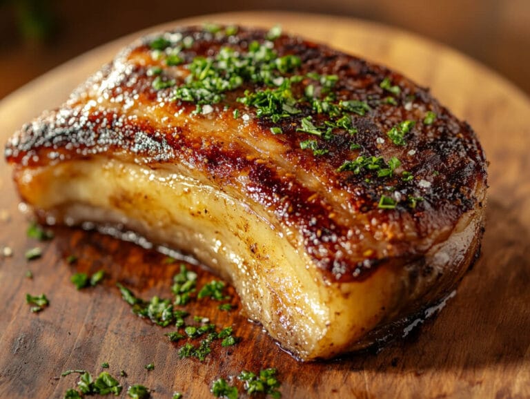 A juicy grilled picanha steak on a wooden cutting board.