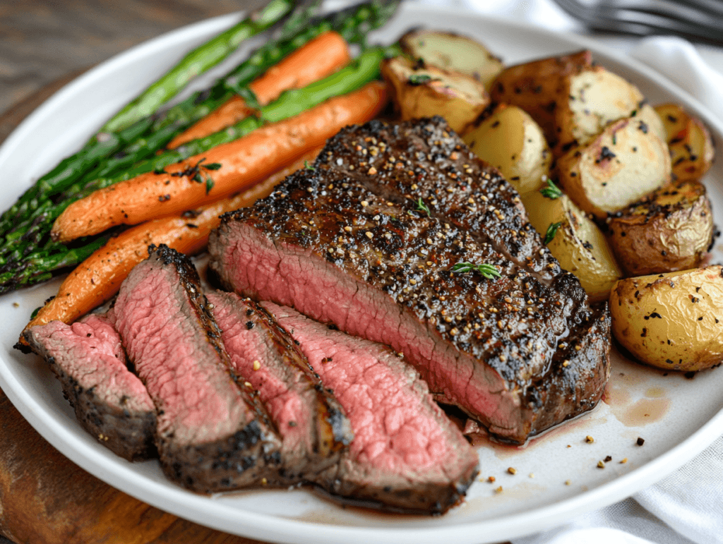 A sliced medium rare steak plated with roasted vegetables.
