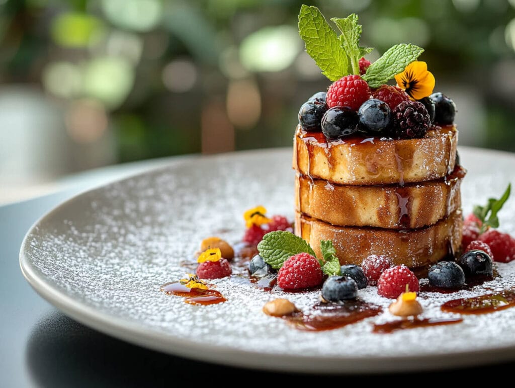 French toast plated with fresh berries, mint leaves, and powdered sugar.