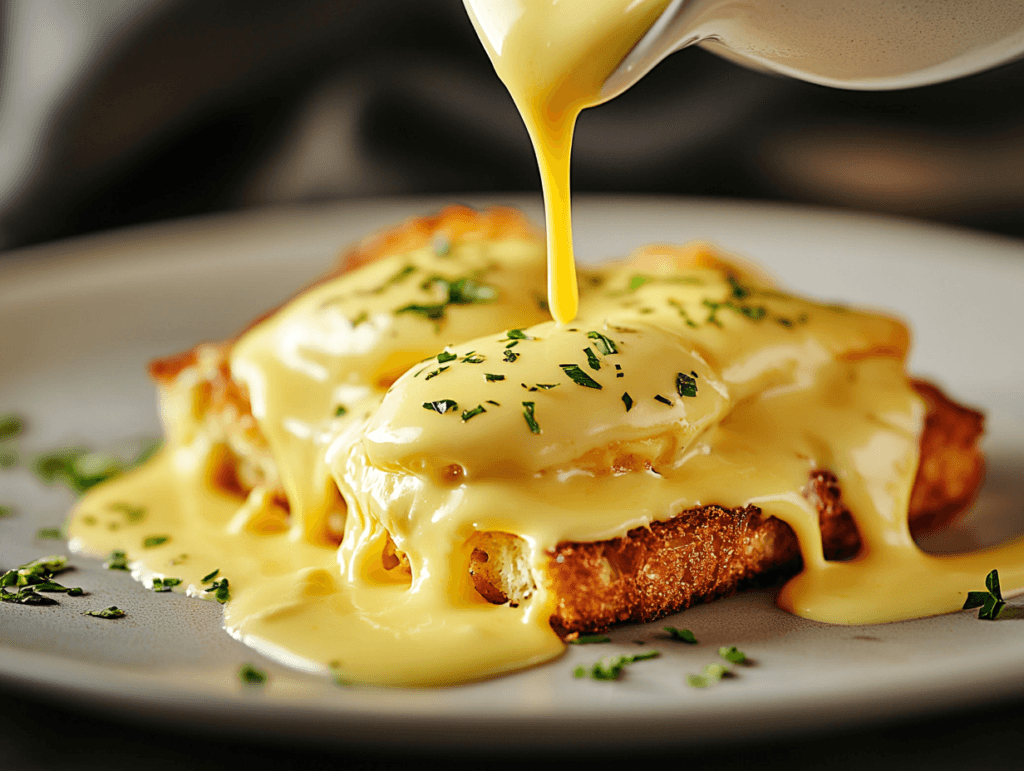 Close-up of hollandaise sauce being poured
