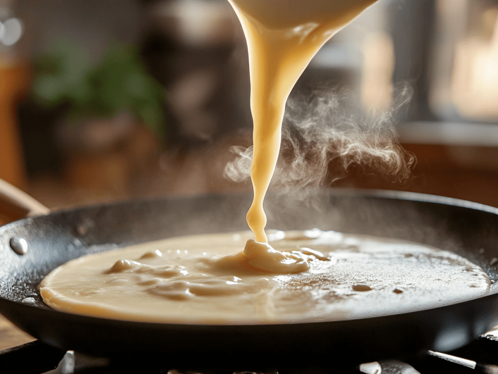 Pancake recipe for 2 batter being poured onto a hot skillet