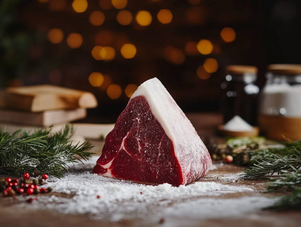 Raw picanha cut with its signature triangular shape and fat cap.
