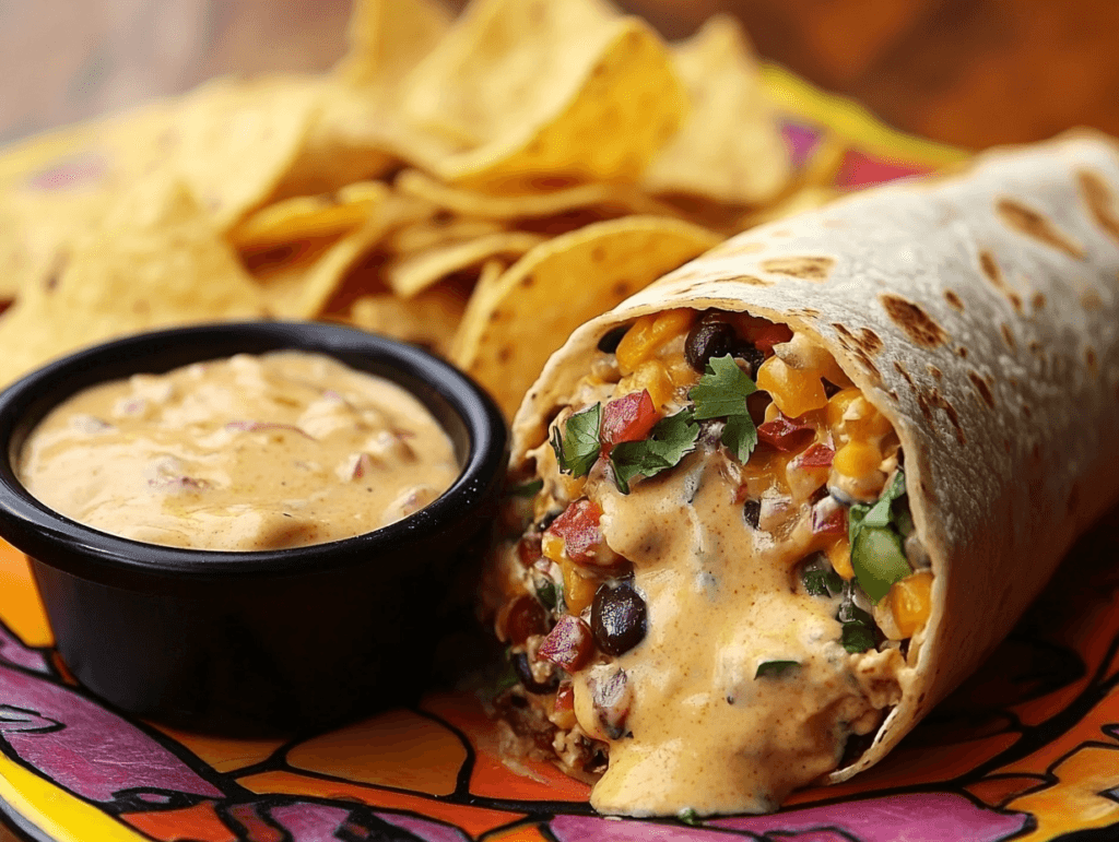 A large restaurant-style burrito with chips and queso.