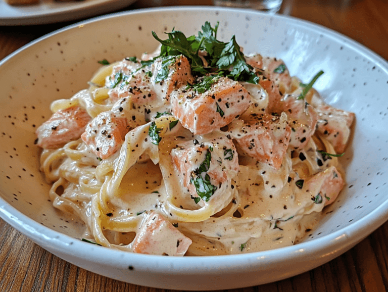 Delicious salmon pasta dishes served in a white bowl with creamy sauce and fresh herbs.