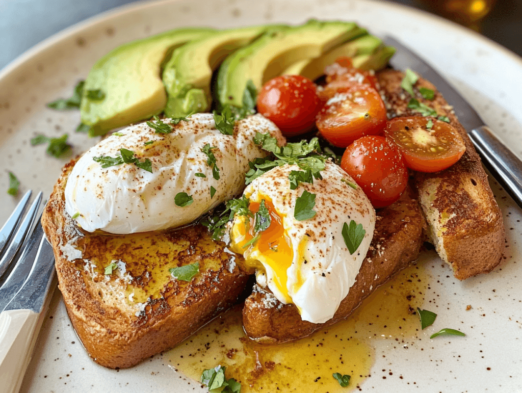 Sourdough French toast topped with poached eggs, avocado slices, and cherry tomatoes.