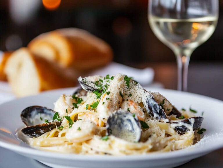 Gourmet seafood pasta with Parmesan and white wine.