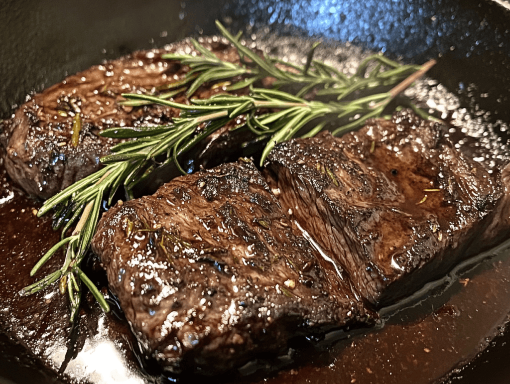 Hanger steak being pan-seared in a cast-iron skillet.